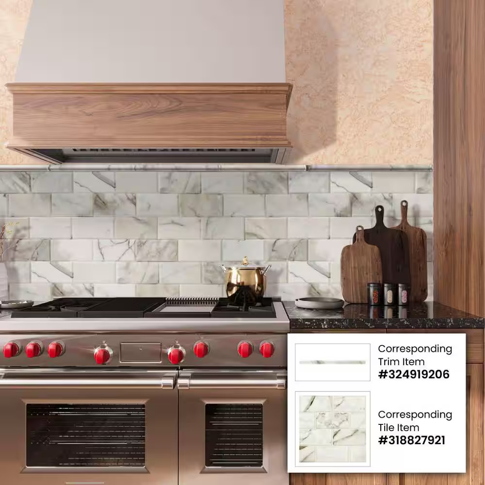 Large Format Tile and Trims 0.8 In. X 12 In. Snow White Marble Polished Pencil T