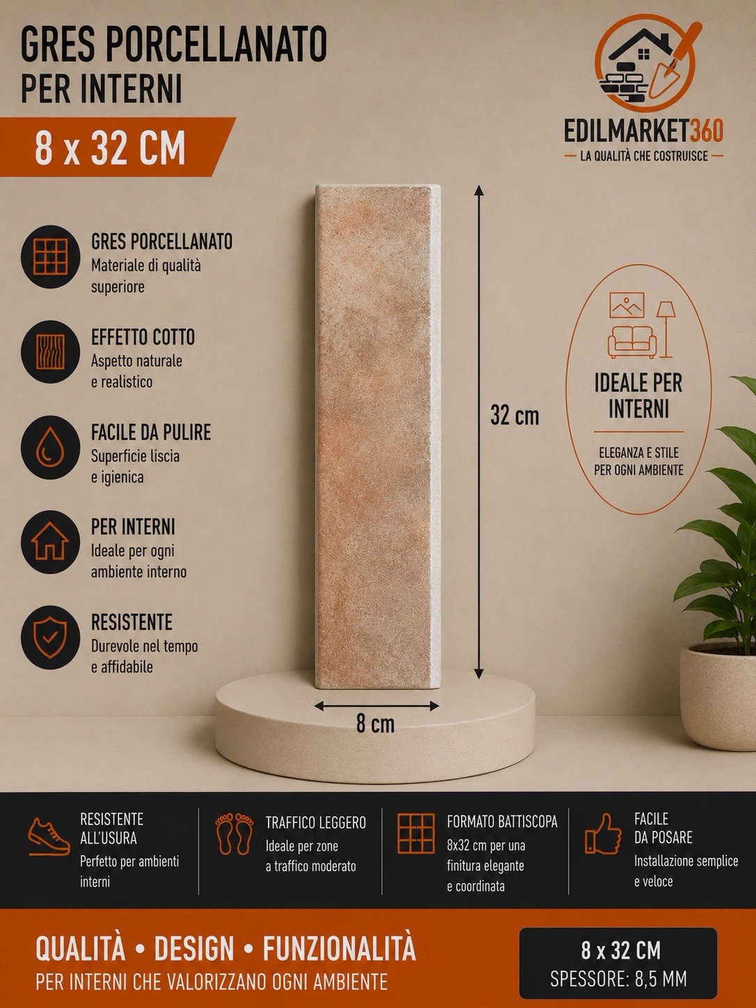 1PCS (32CM) PINK PORCELAIN STONEWARE BAKED EFFECT SKIRTING BOARD 8x32CM