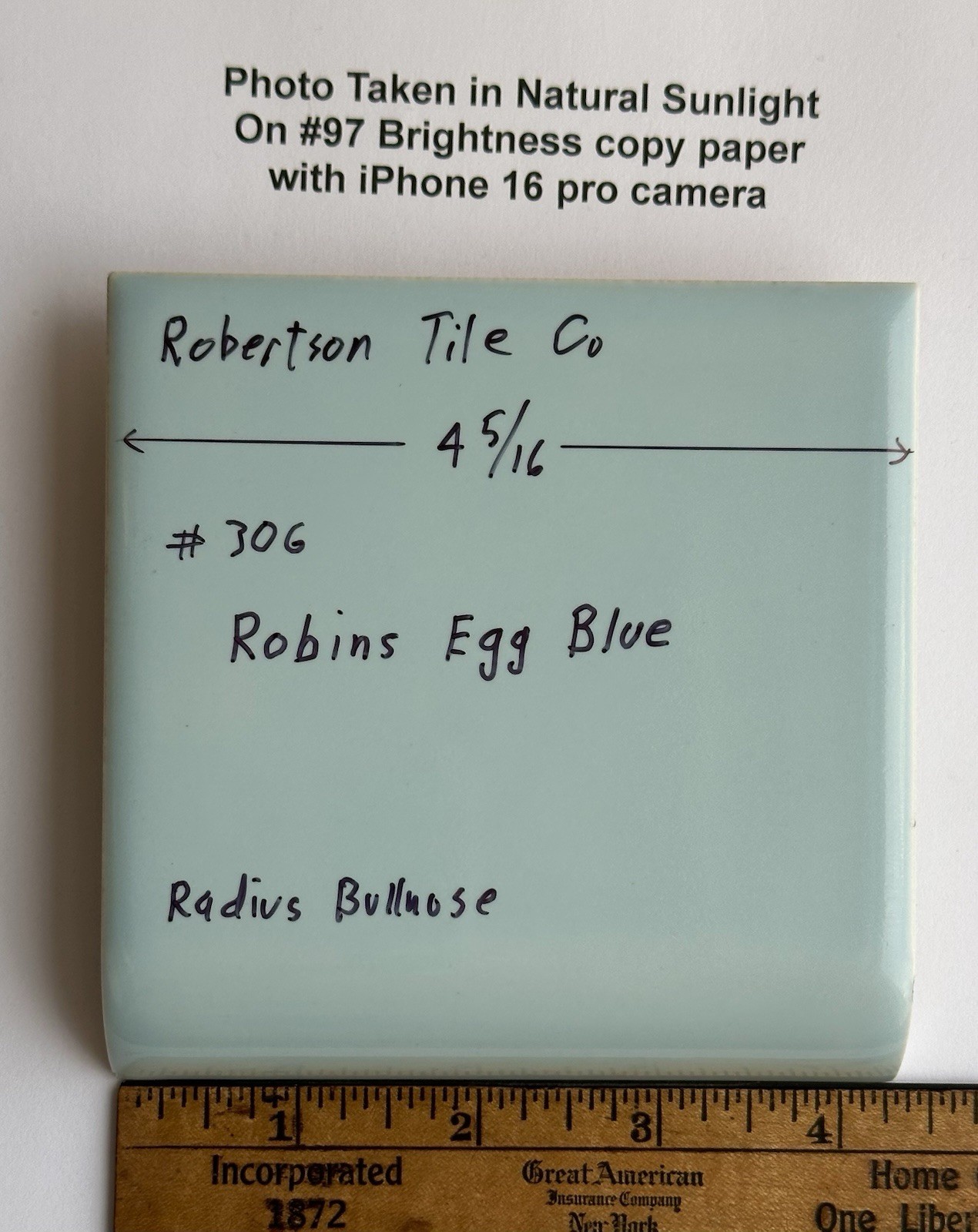 1 pc. Robin’s Egg Blue: 4-5/16″ Gloss Ceramic Radius Bullnose Tile by Robertson
