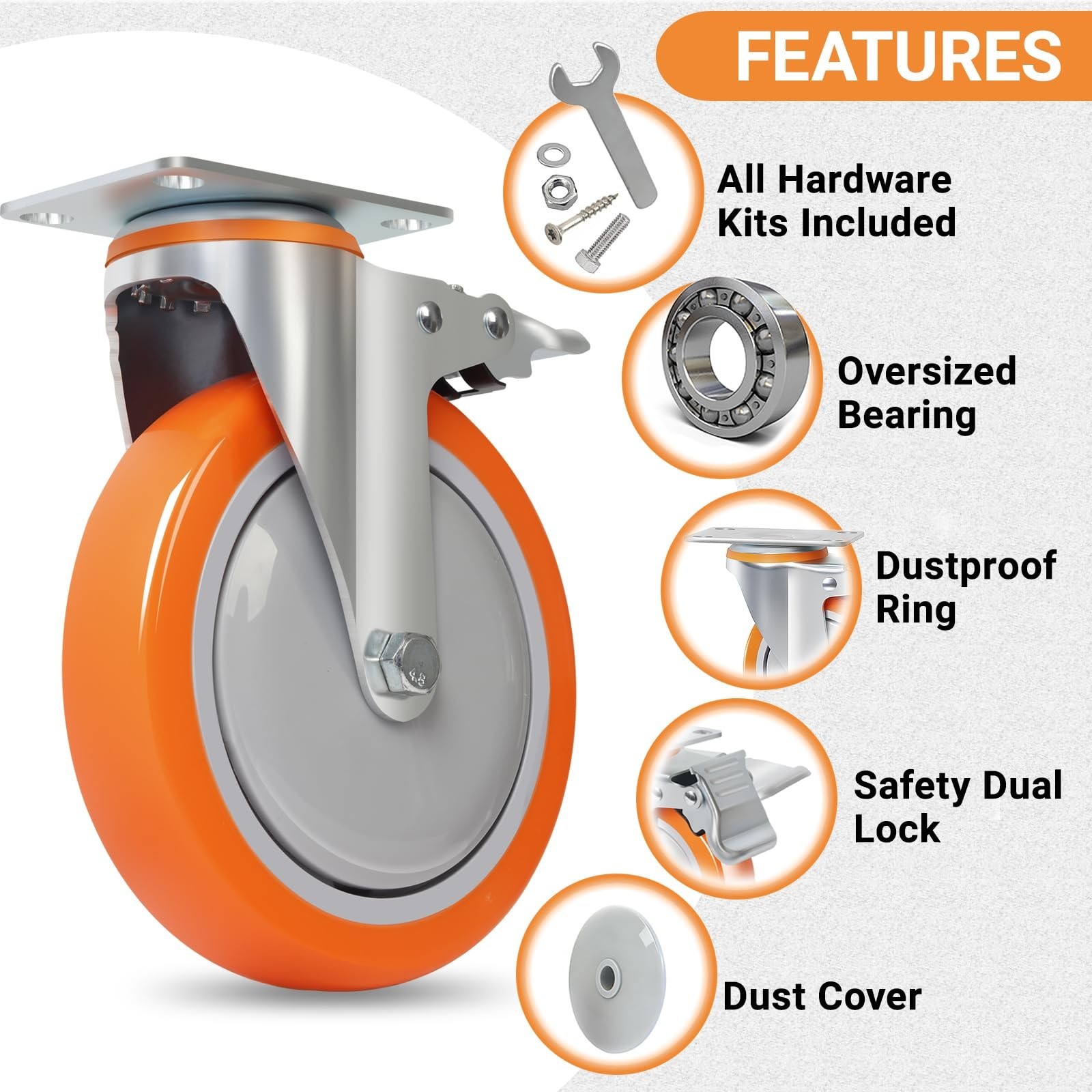 6 Inch Swivel Caster Wheels Set of 4, 2600lb Capacity, Silent Polyurethane Wh…