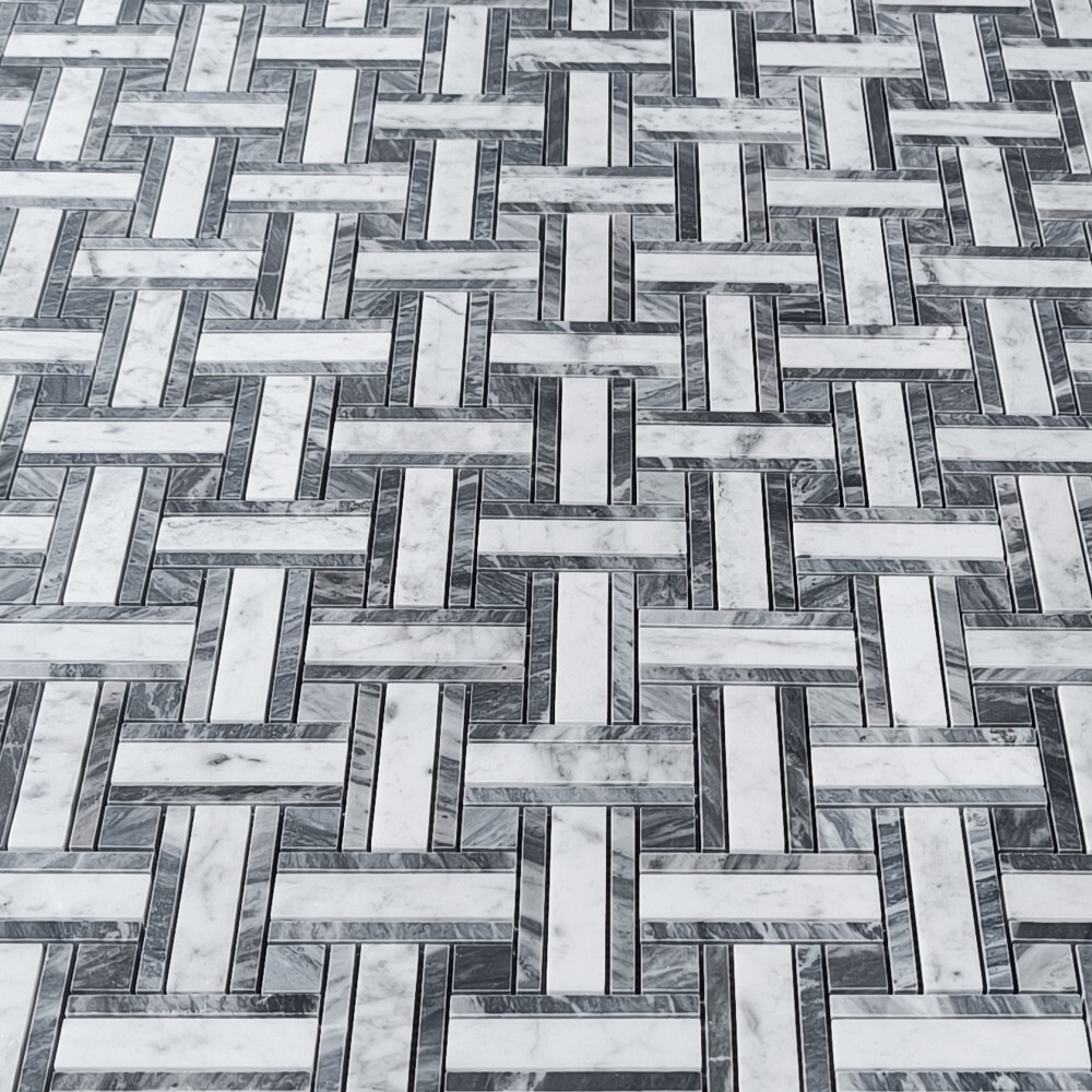 C66A7XP Carrara White Marble Twine Basketweave Mosaic Tile Bardiglio Gray