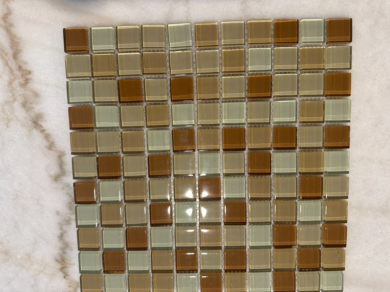 Light Beige Mix Glossy Glass Mosaic 1″x1″ Stacked Mesh Mounted