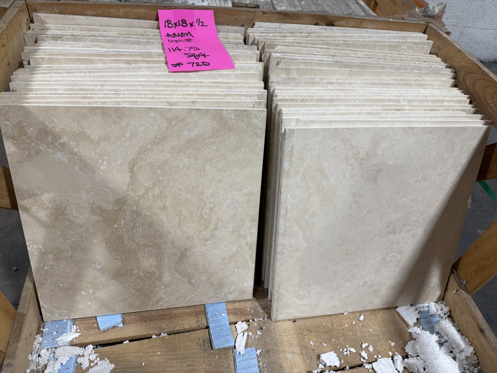 720 sqft 18x18x1/2 Amon Light H&F Travertine $2 per sqft, for whole lot $1440