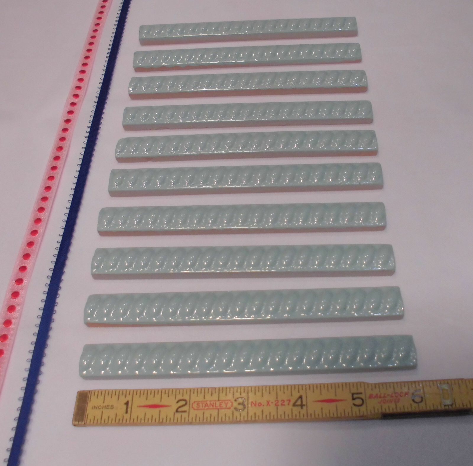 10 pcs. *Seafoam Green* Vintage Ceramic Liner-Pencil-Sizzle Tiles; 5/8″ X 6″ NOS