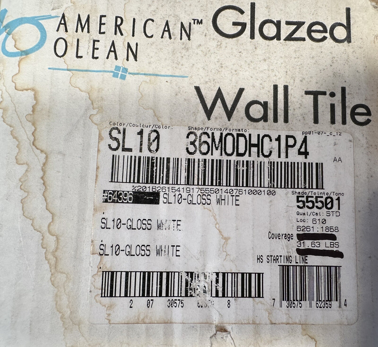 1 pc. Starting Line White: 3″ X 6″ Ceramic Tile by American Olean, #SL10, New