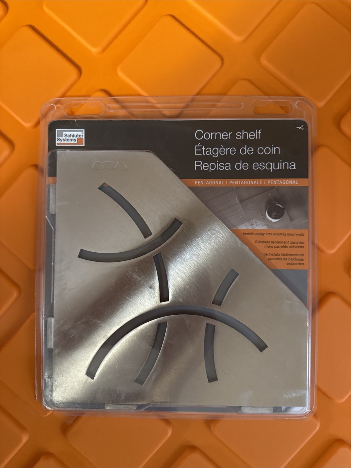 Schluter Pentagonal Corner Shelf for Tiled Walls – Curve Design, Stainless Steel