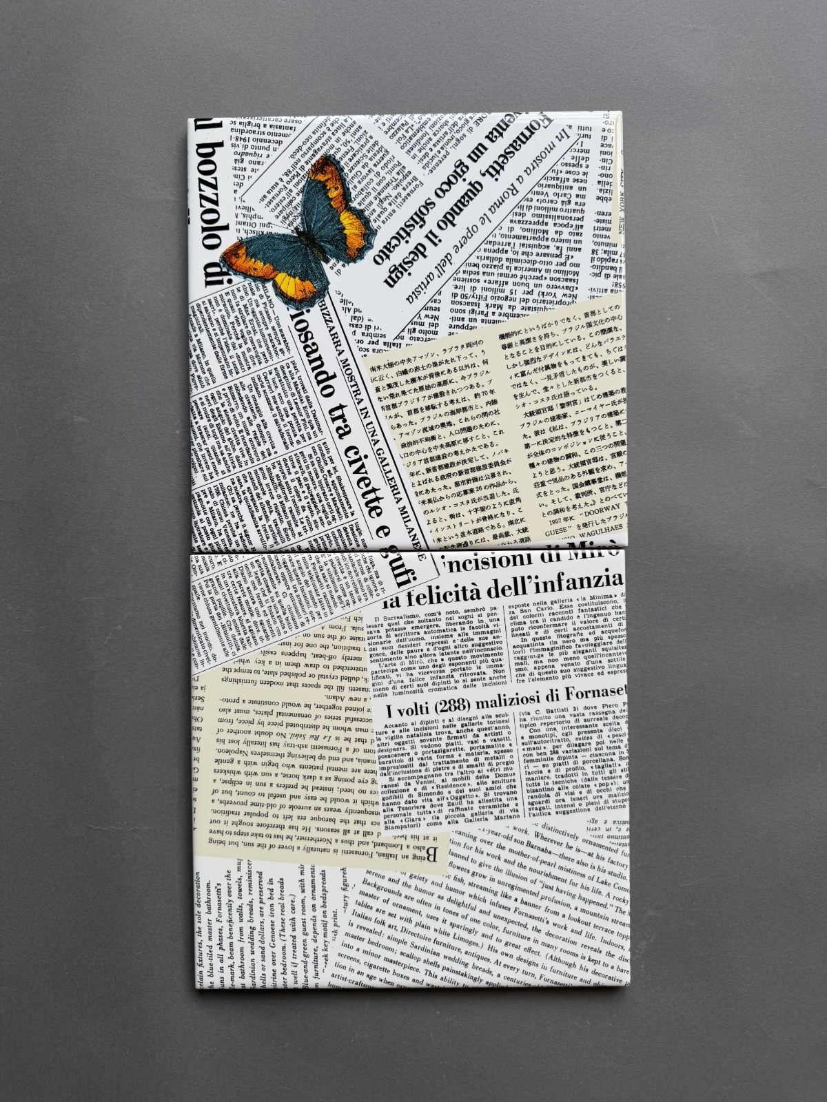 Fornasetti Newspaper & Butterfly Tile Pair 8×8 – Ceramica Bardelli Italy