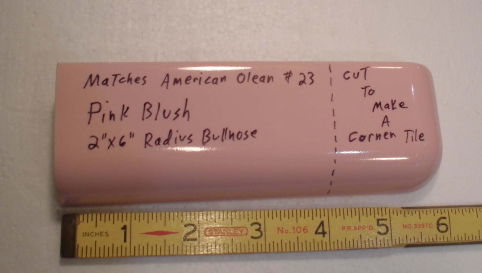 1 pc. Pink Blush Color: 2″ X 6″ Ceramic Radius Bullnose Corner Tile or 2″ X 2″