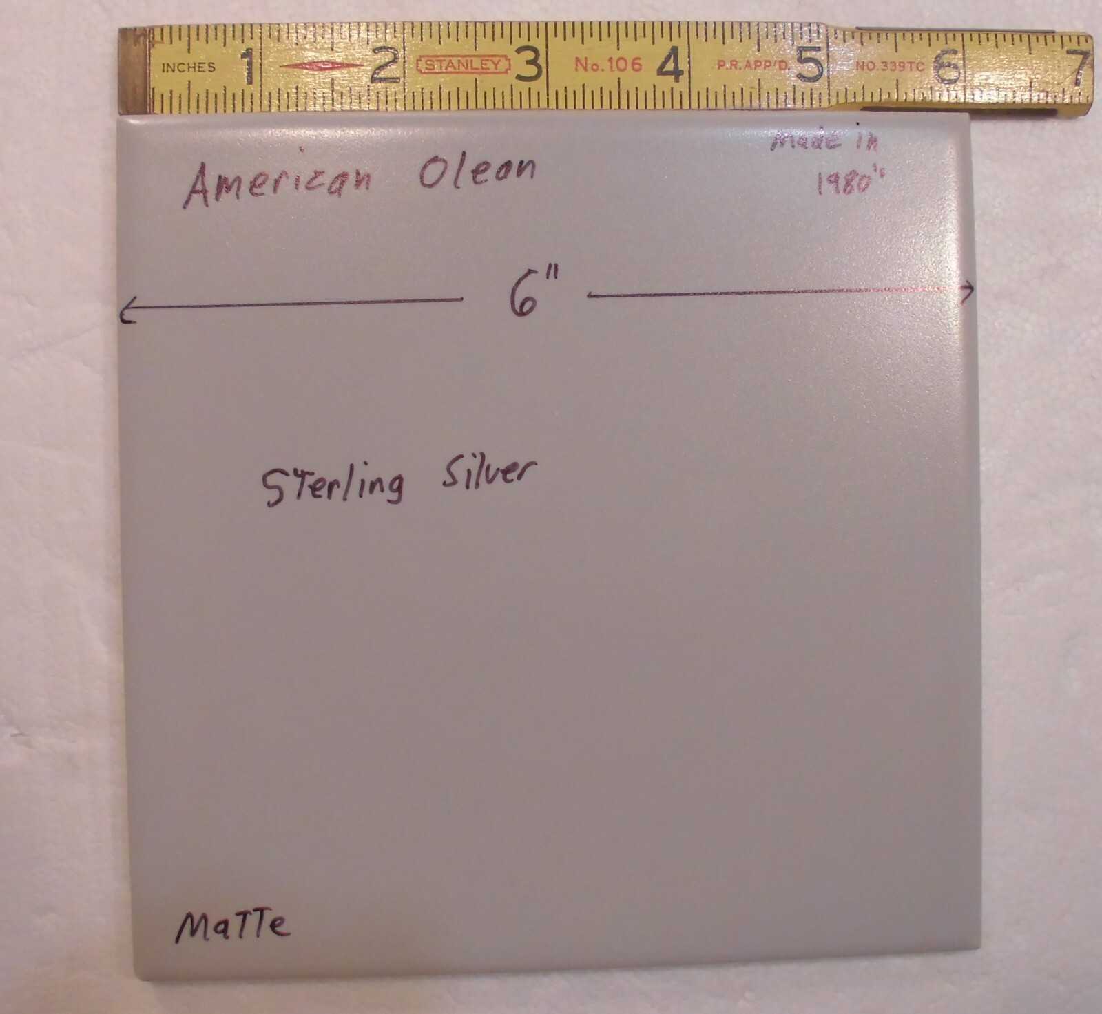 1 pc. 6″ X 6″ Matte Ceramic Tiles *Sterling Silver Gray* American Olean, NEW