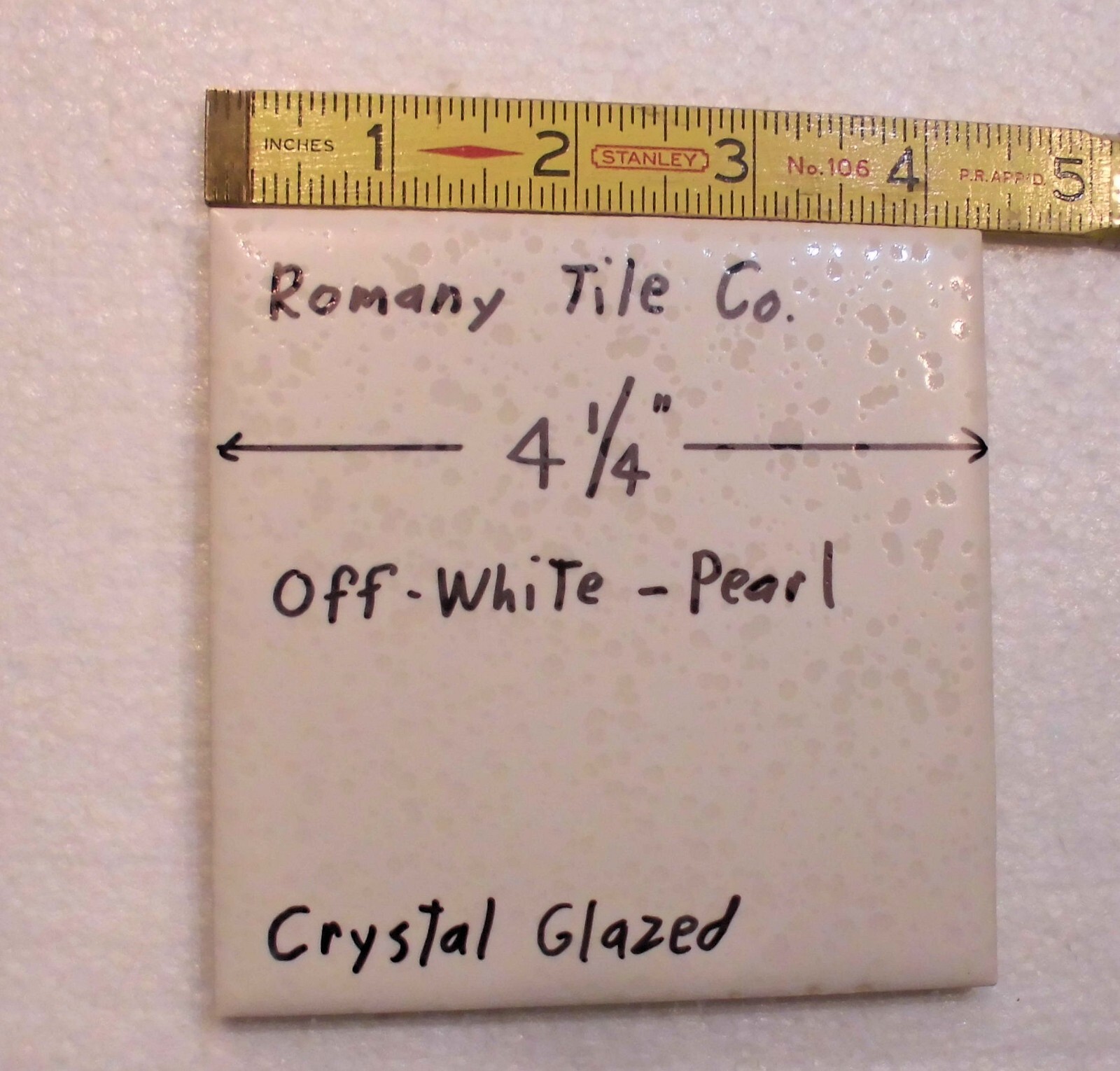 1 pc. *Pearl White* Ceramic Tile by Romany Co. 4-1/4″ Crystall Glaze, New