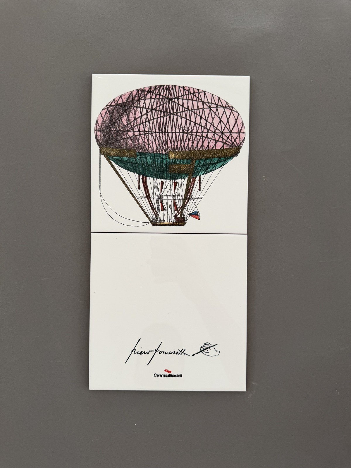 Fornasetti Airship & Signature Tile Pair 8×8 – Ceramica Bardelli Italy