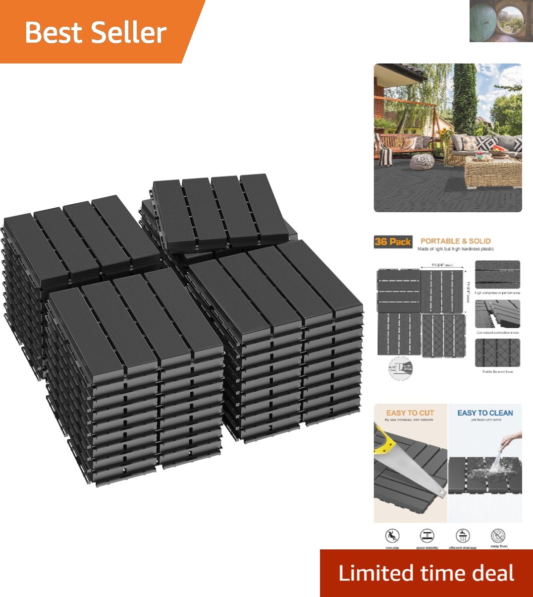 36 Pack Interlocking Deck Tiles 12″x12″ Waterproof Outdoor Flooring, Dark Grey