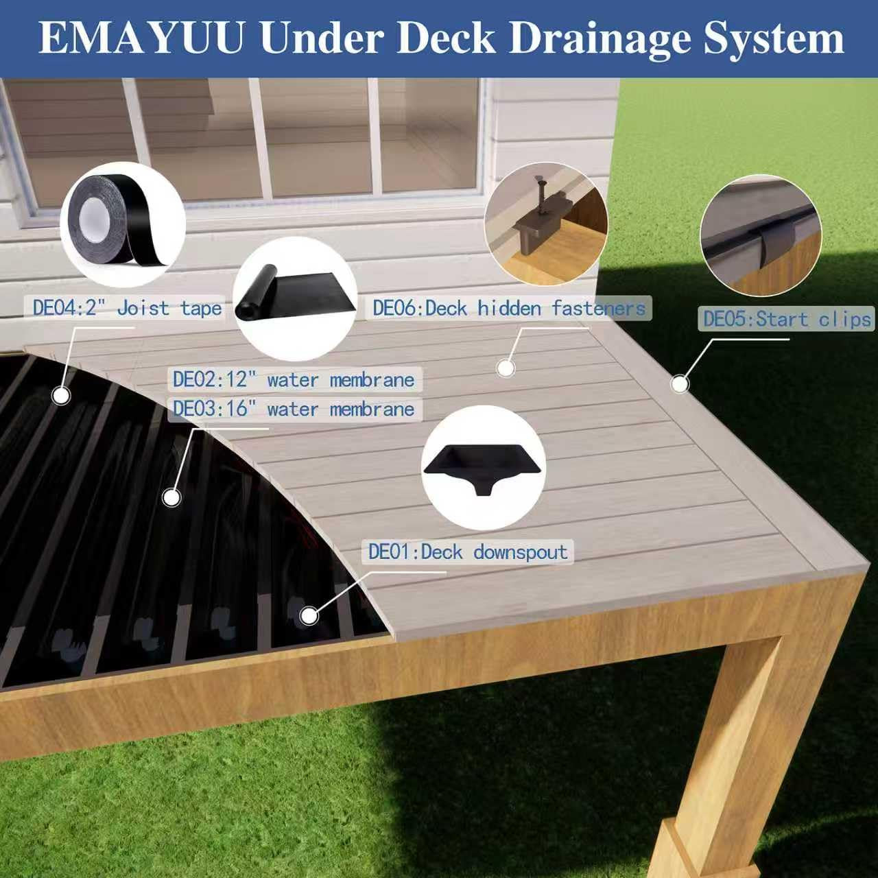 50Ft HDPE Waterproof Deck Membrane Black Under Deck Drainage 16″ Joist Spacing