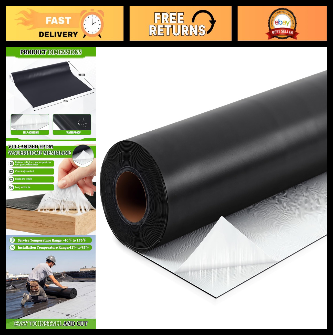 Self-Adhesive EPDM Rubber Roofing Membrane 39″x10ft, Waterproof Underlayment, 47