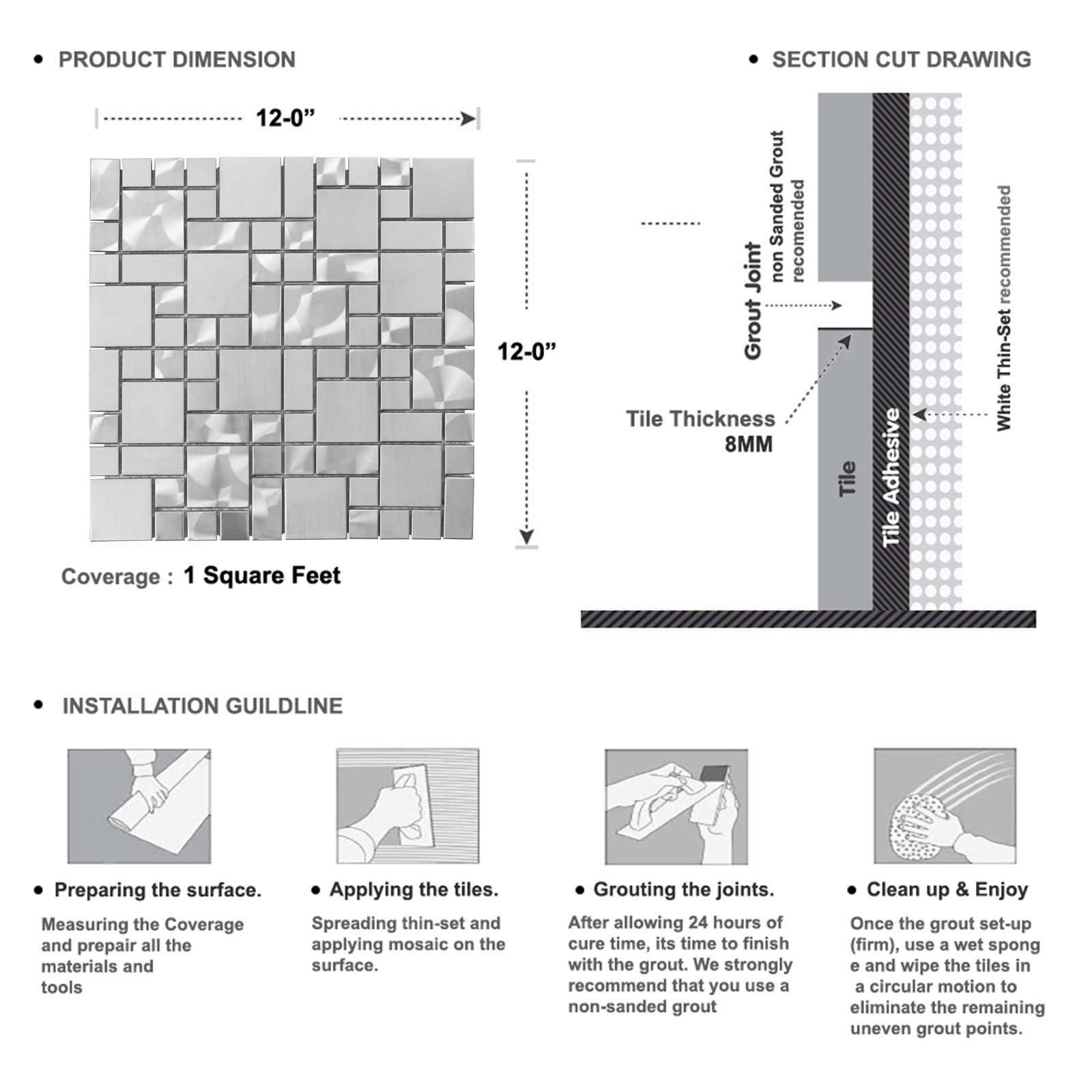 Brushed Nickel Stainless Steel Square Metal Mosaic Tile Kitchen Bath Backsplash