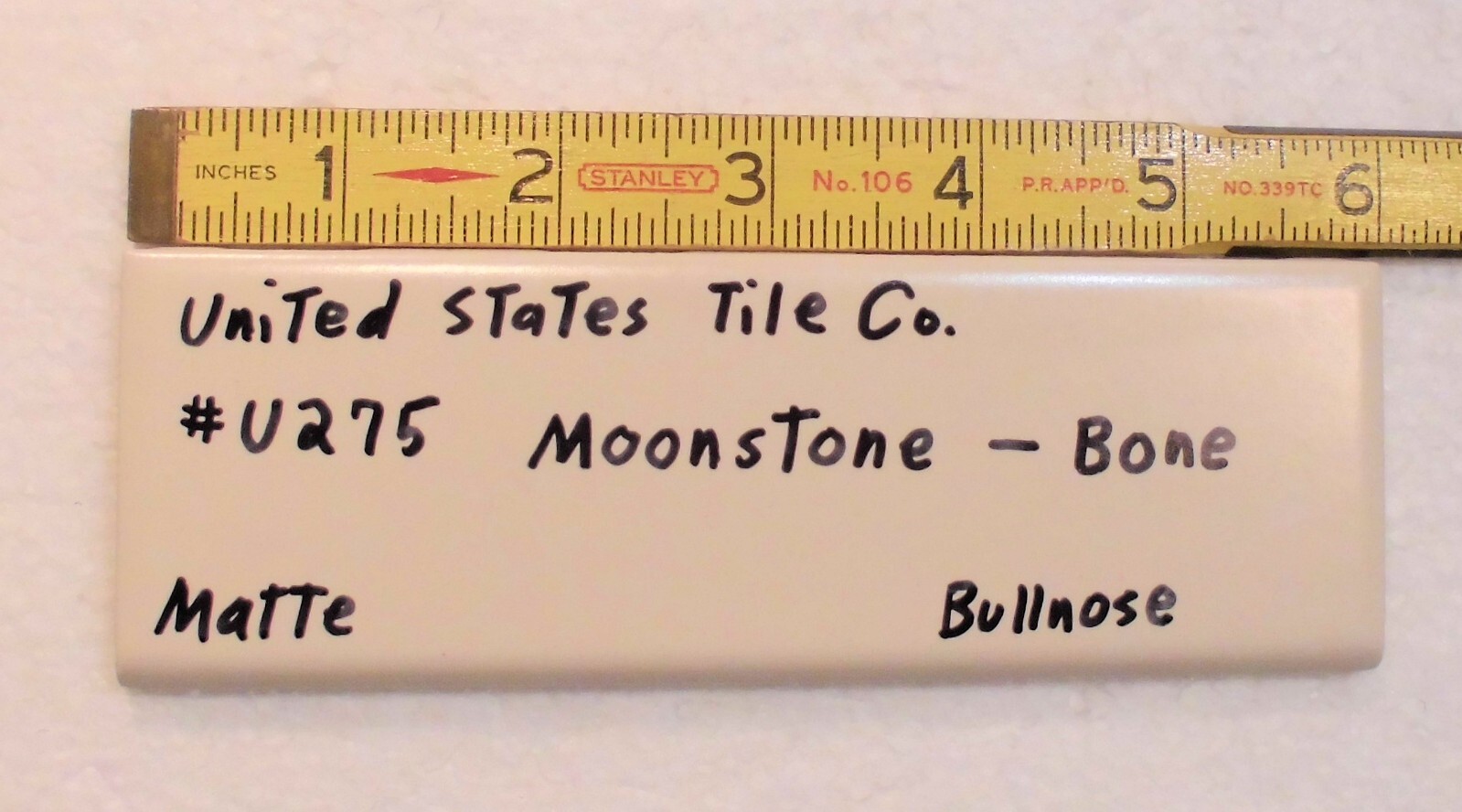 1 pc. Matte Bone: Bullnose Surface Flat Ceramic Tile #U-275 Moonstone, Made USA