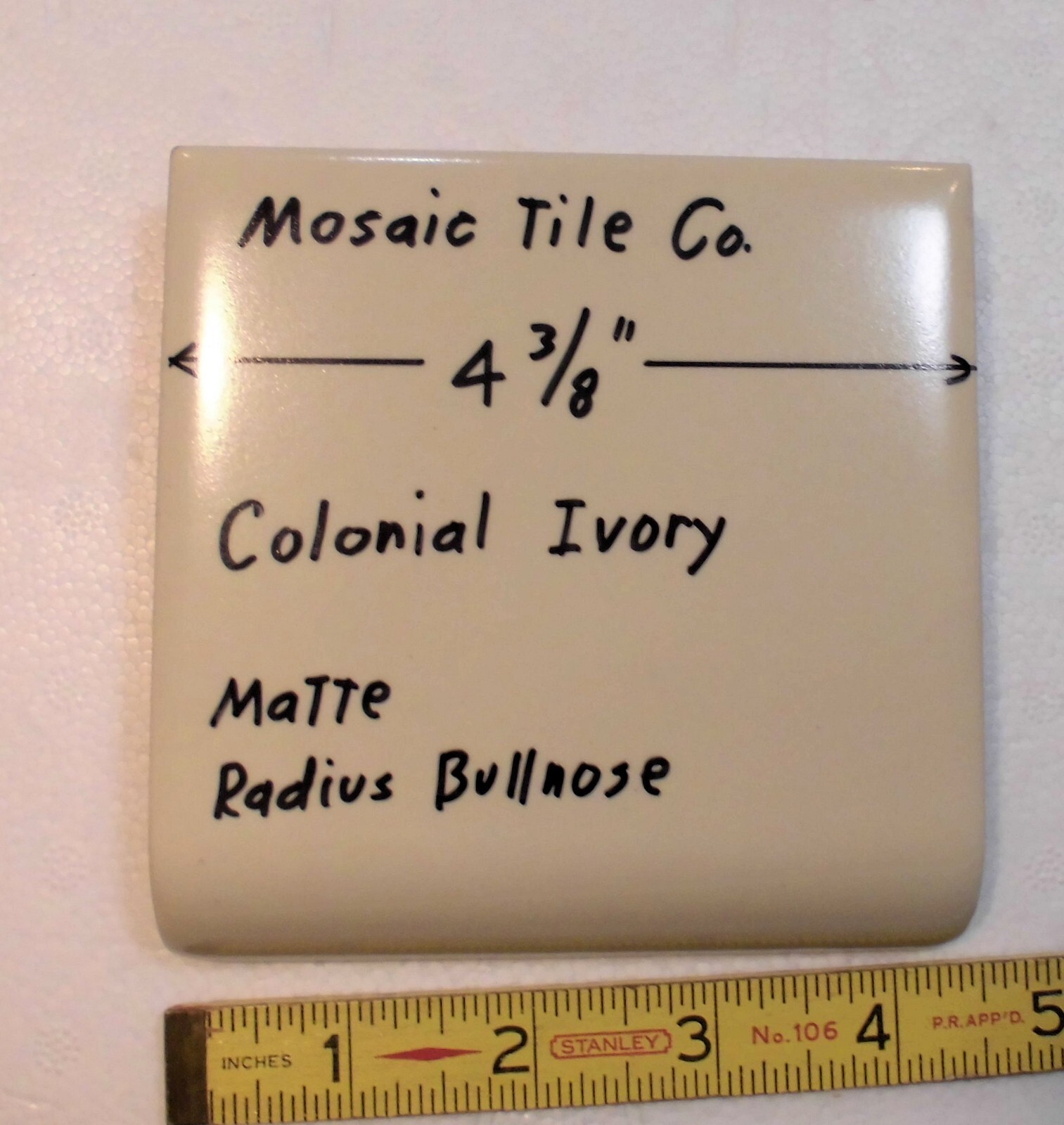 1 pc. Colonial Ivory: Radius Bullnose Matte Ceramic Tile 4-3/8″ by Mosaic Co.