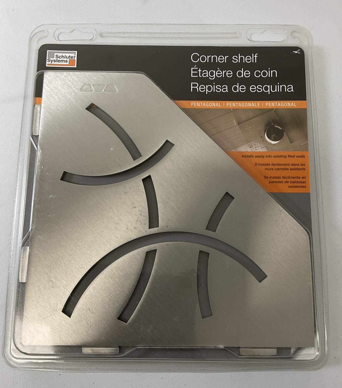Schluter Pentagonal Corner Shelf for Tiled Walls – Curve Design, Stainless Steel