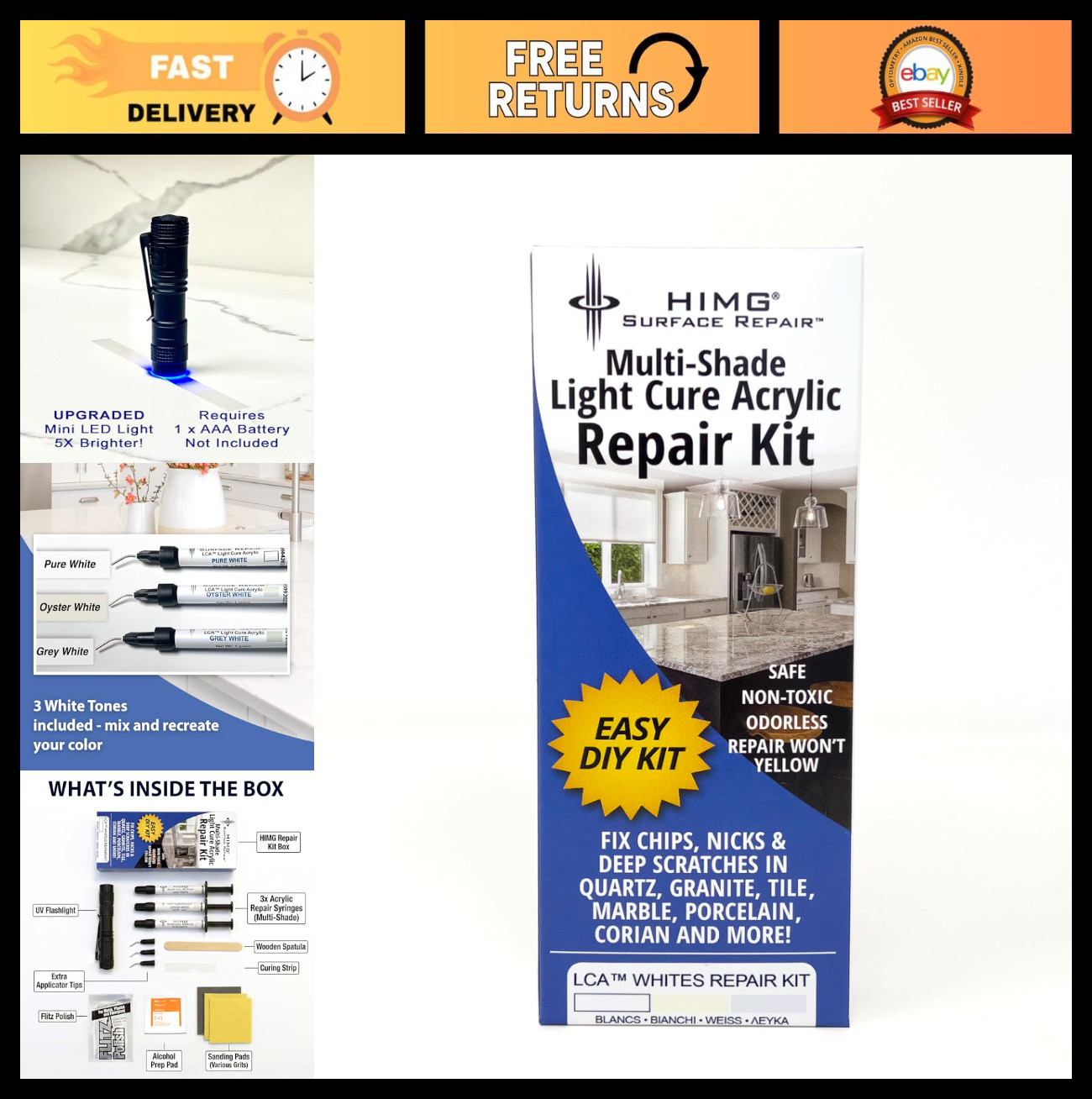 Quartz Countertop Repair Kit – White Chip Fix for Marble, Granite, Acrylic, Porc