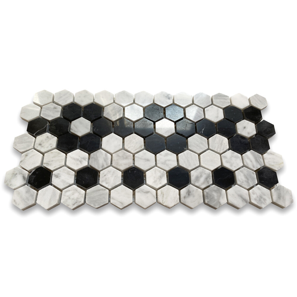 C31B2XP Carrara White Marble Hexagon Mosaic Border Flower Tile Polished 1″