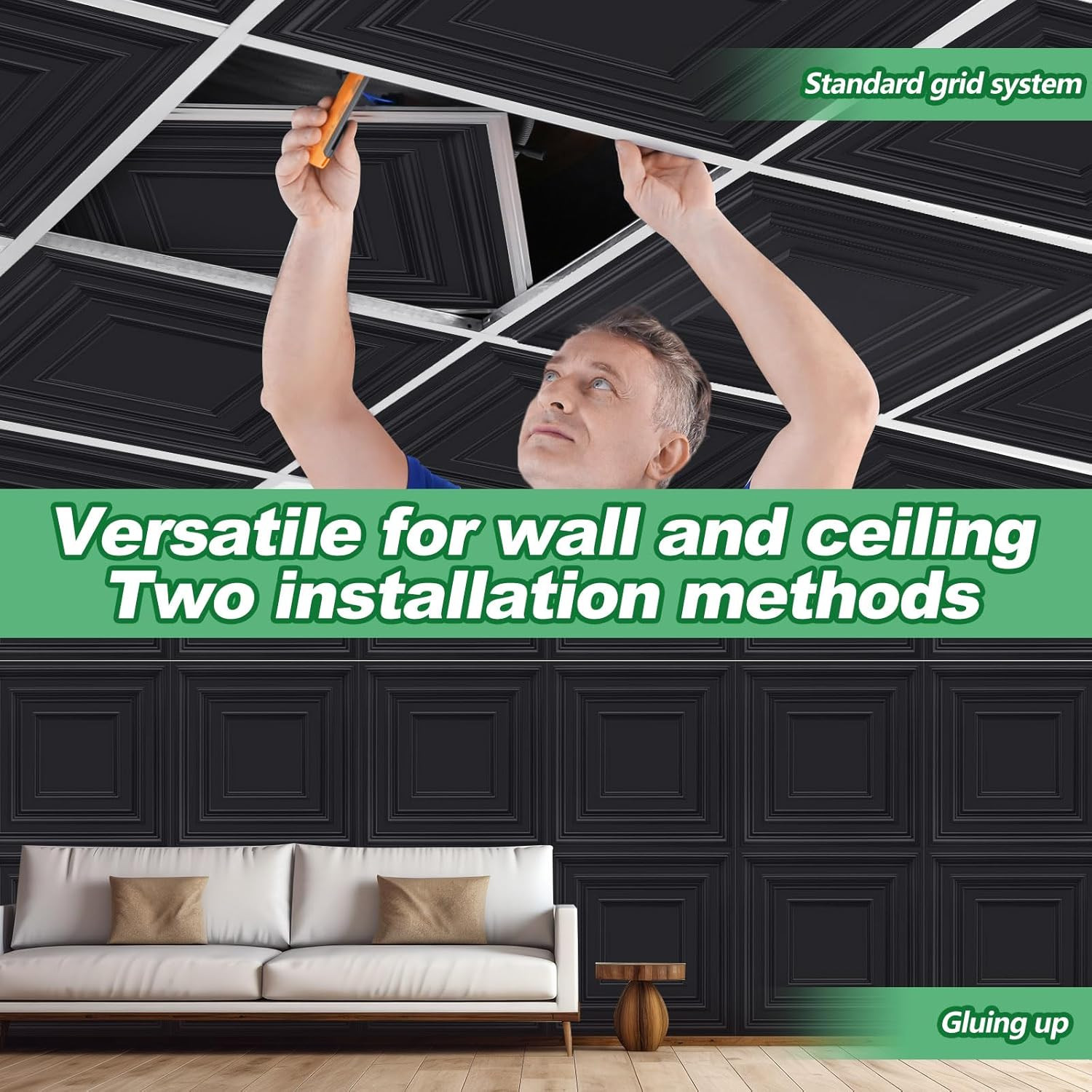 50 Black PVC Ceiling Tiles 2×2 Ft for Office, Bathroom & Living Room Decor