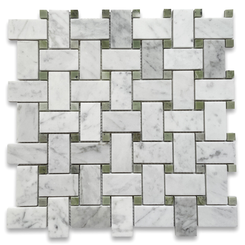 C652XP Carrara Venato Marble 1×2 Basketweave Mosaic Tile Green Dots Polished