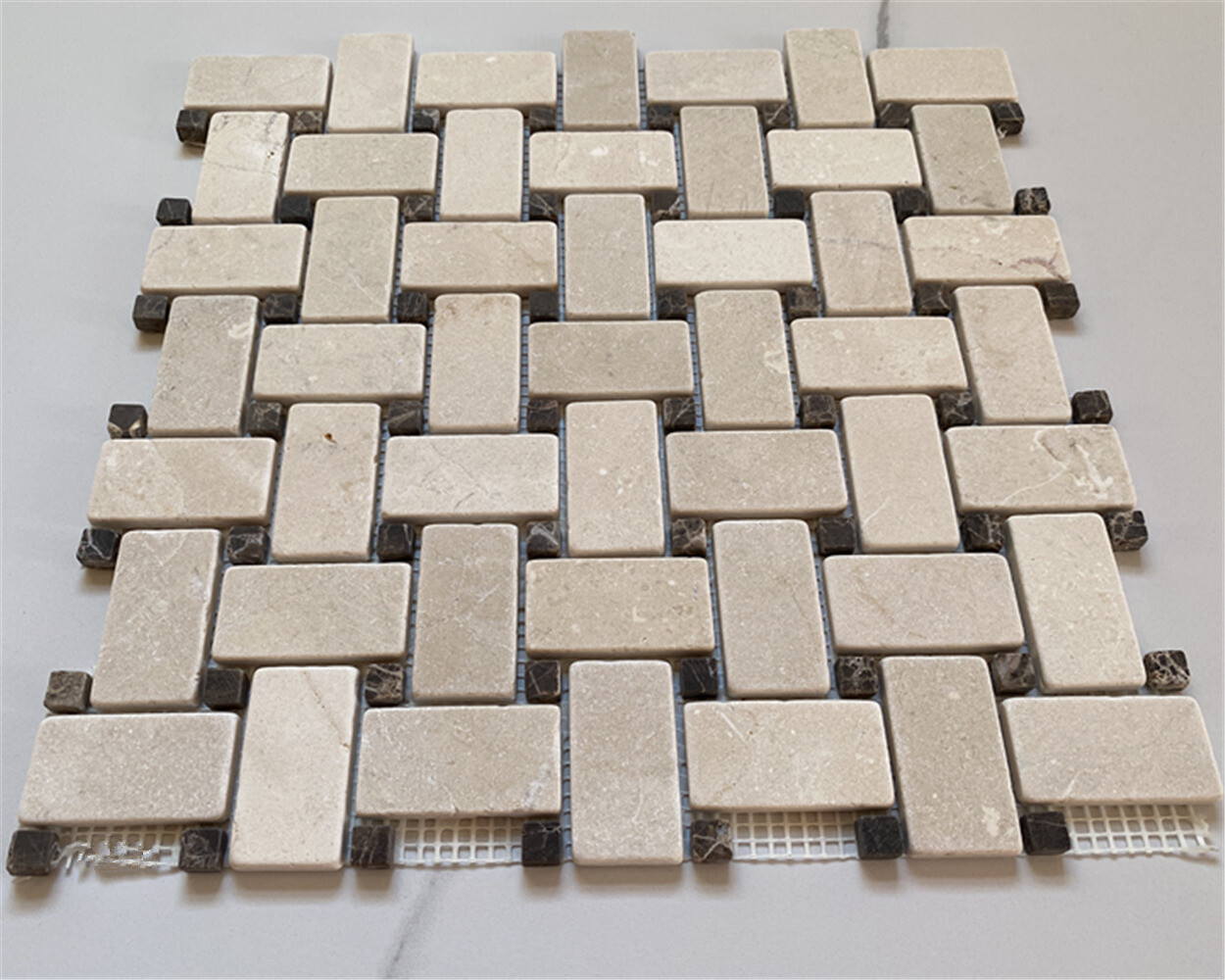 M654XT Tumbled Crema Marfil Marble Basketweave Slip Resistant Shower Tile