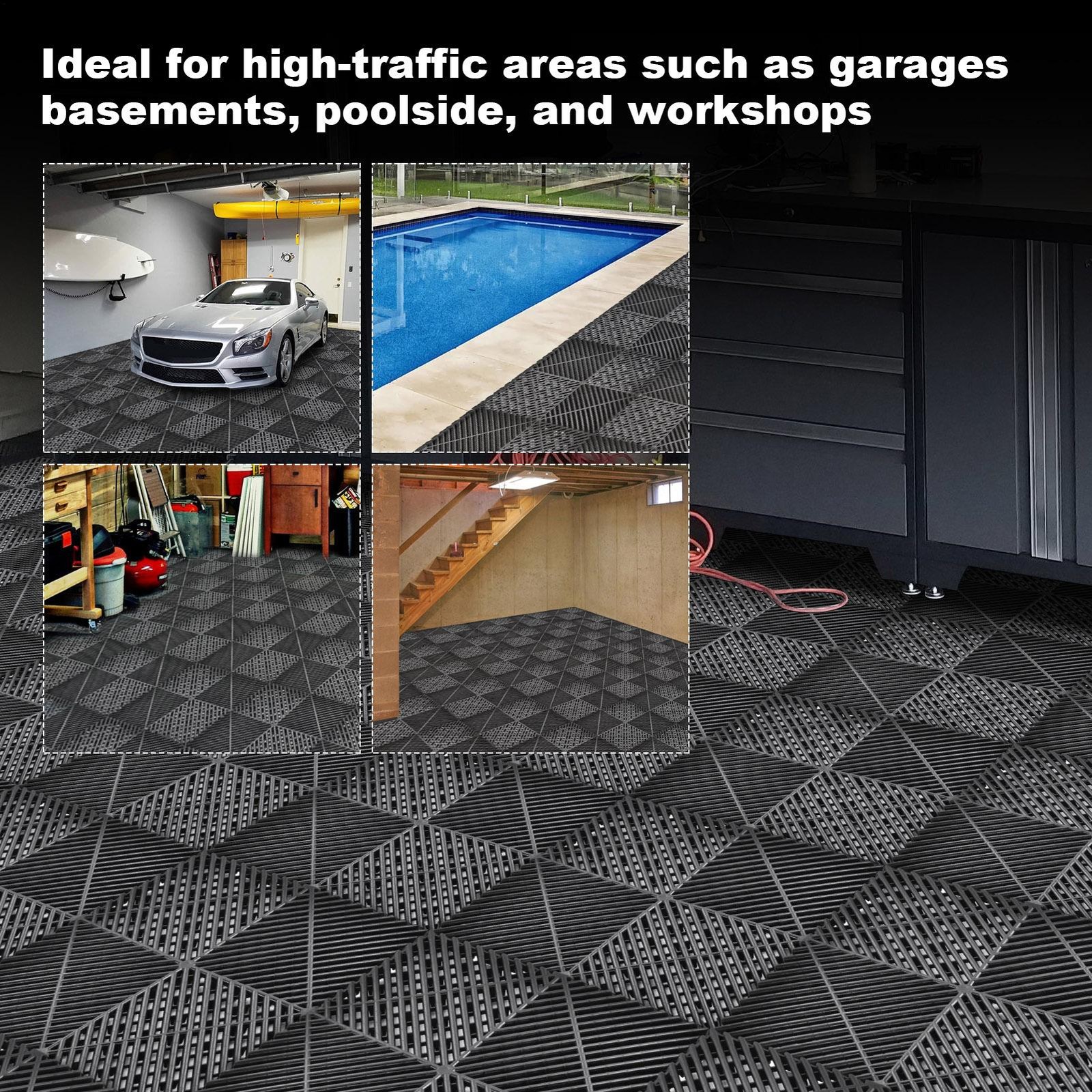 40 Packs Interlocking Garage Floor Tiles Vented Water Drainage 15.75×15.75”