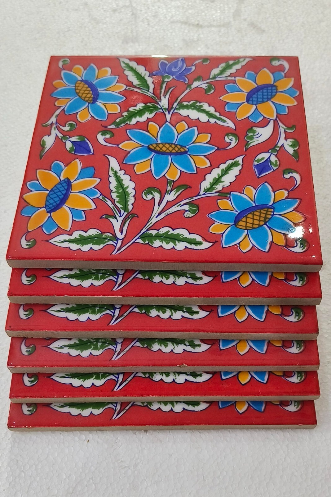 Interior Exterior Flooring Wall Ceramic Tile Red & Multi 4 x 4 in Set of 6