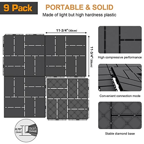Plastic Interlocking Deck Tiles Pack Outdoor Patio 12″*12″ 9 Dark Grey