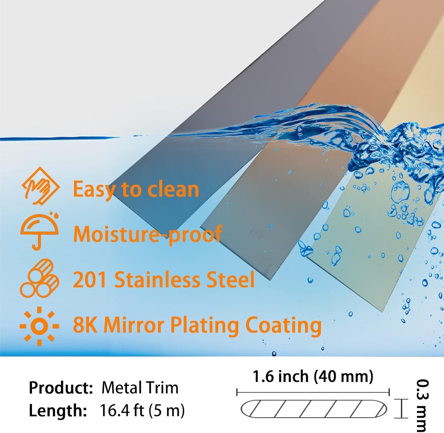 Wall Trim Fireplace Molding Silver Stainless Steel Peel & Stick 16.4 ft