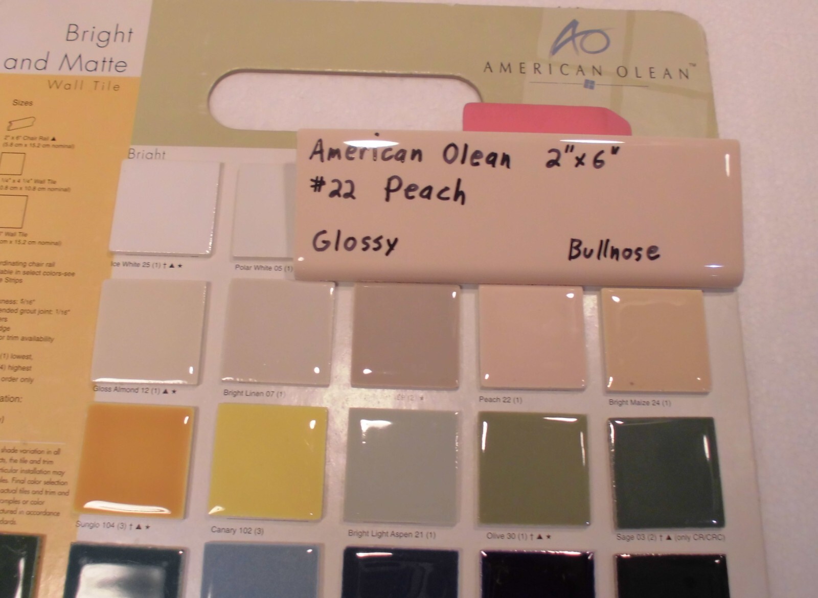 1 pc. *PEACH COLOR* Ceramic Bullnose Tile 2” X 6” By American Olean, NEW STOCK