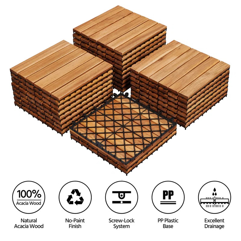 Acacia Wood Interlocking Deck Tiles for Indoor and Outdoor (Set of 27) Snap In