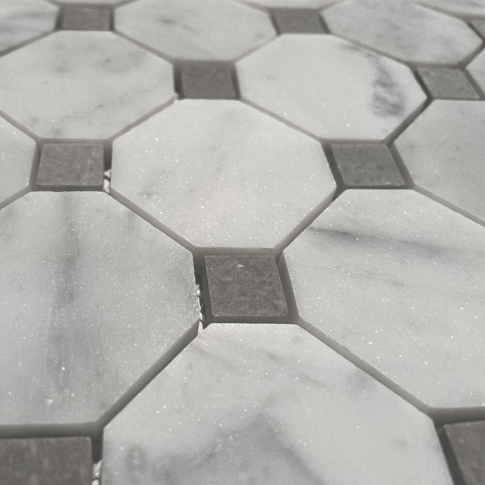 C803XH Octagon Mosaic Carrara Marble White Bianco Tile Gray Dots Honed 2″
