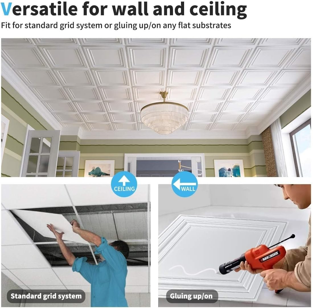 Art3d PVC Square Ceiling Tiles 2×2 Plastic Sheet in White Lightweight – 24 Pack