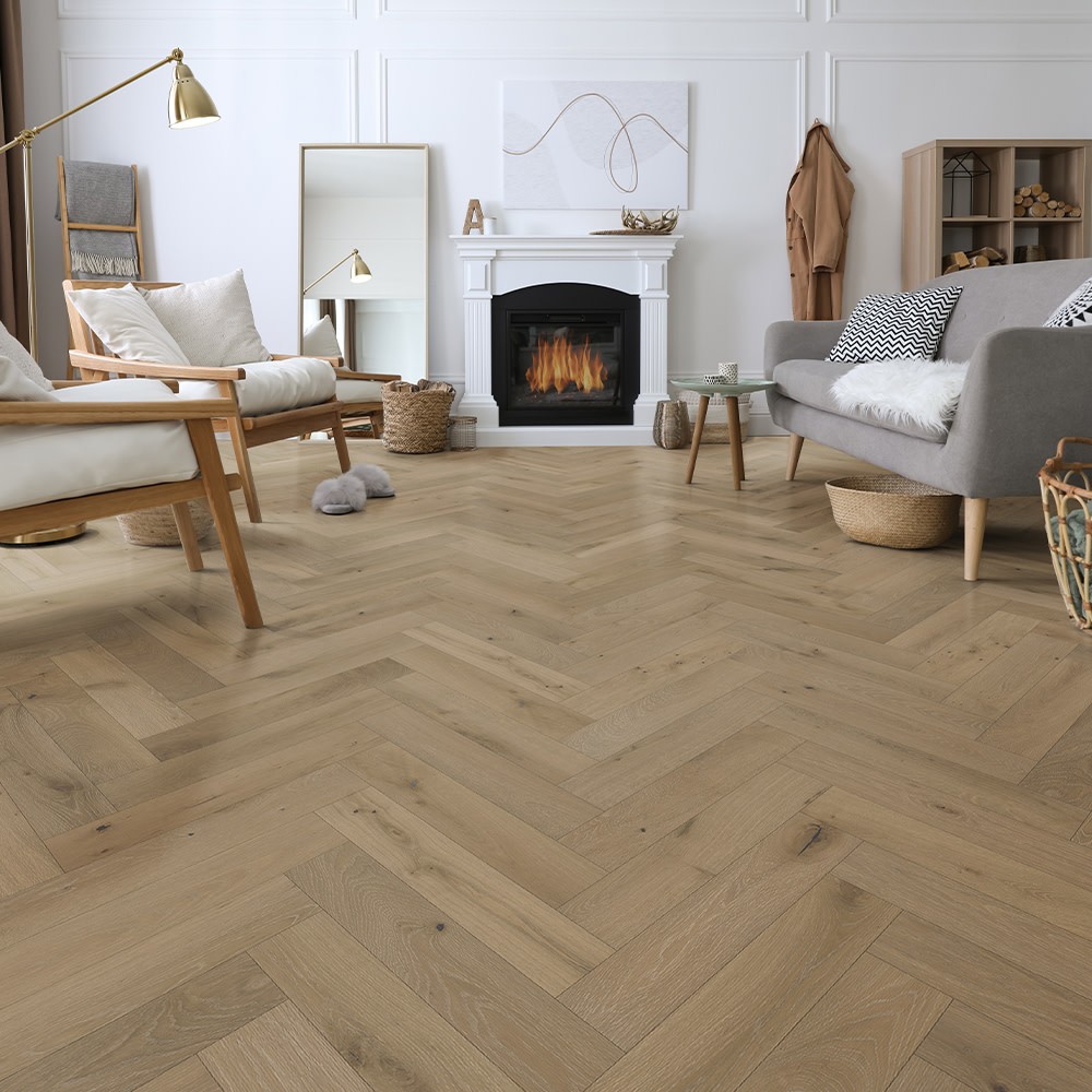 Mullican 25946 Castillian Herringbone 4.92″W Wire Brushed – Coastal Fog