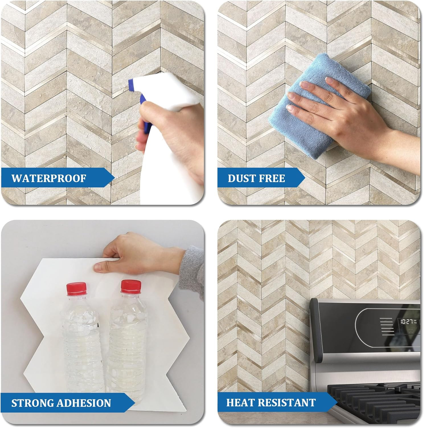Stone Look Herringbone Peel and Stick Kitchen Backsplash Tiles – Beige, 10 Pcs