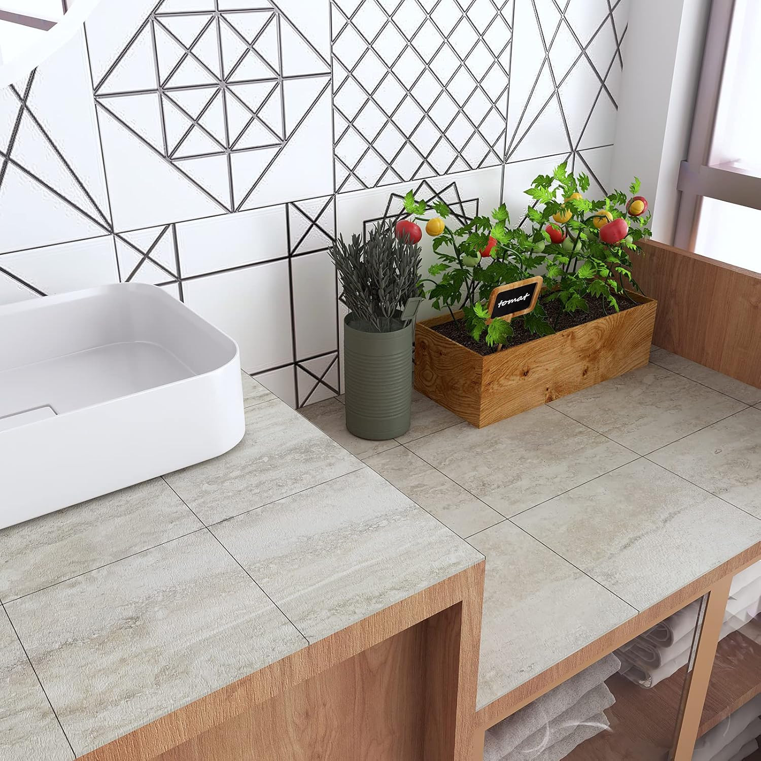 Travertine Peel and Stick Floor Tile – Waterproof Beige Vinyl 12”X12”