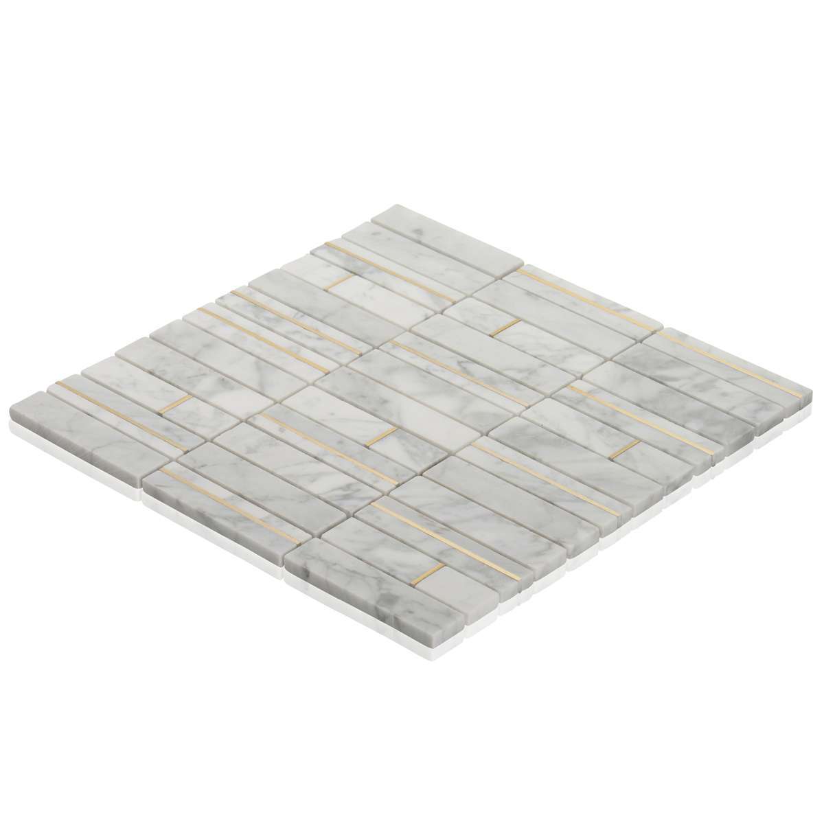 Carrara White Marble Stone Gold Metal Inlay Stack Kitchen Mosaic Tile Backsplash