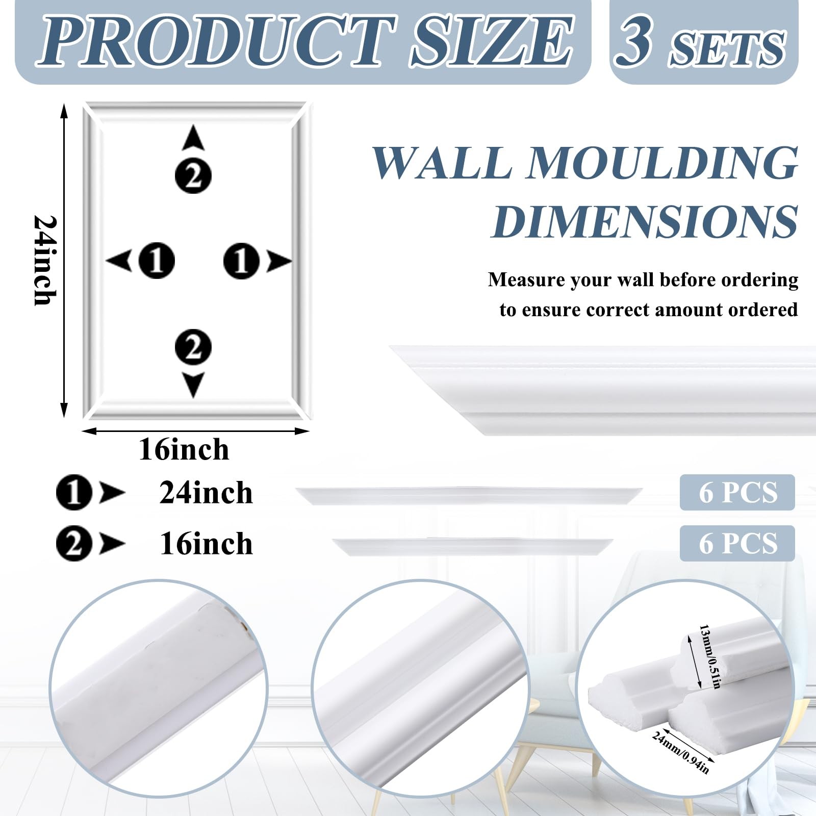 3 Set Accent Wall Molding Kit Premade Wainscoting Panels Wall Molding Peel an…