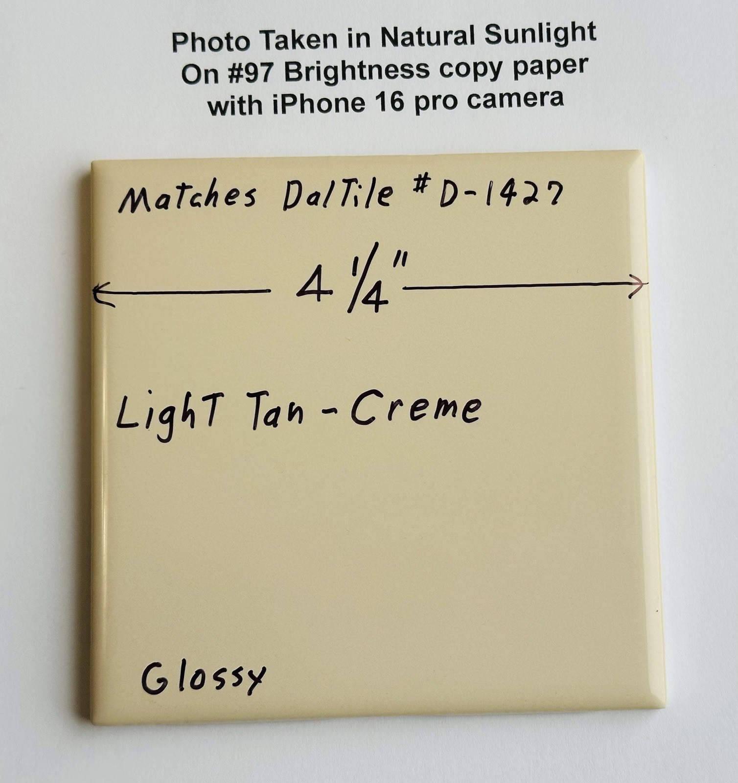 1 pc. Light Tan – Cream: 4-1/4″ Glossy Ceramic Tile, matches Daltile #D-1427