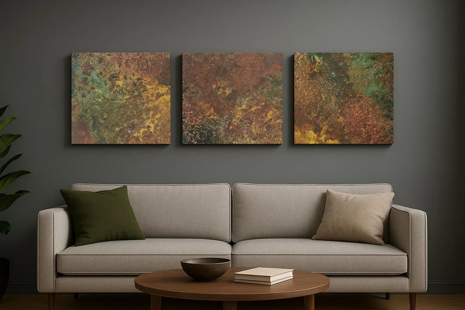 Real Copper Wall Art – 3 Panel Metal Artwork – Handcrafted Patina Decor