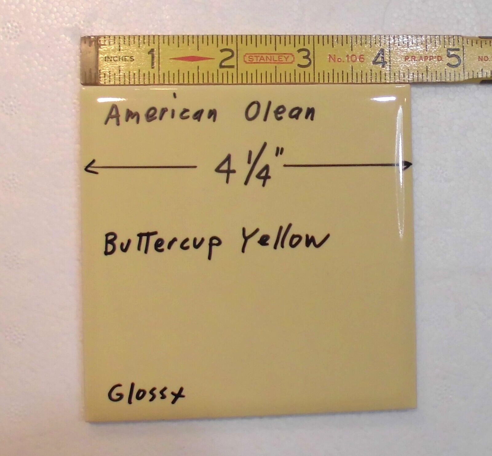 1 pc. Buttercup Yellow: 4-1/4″ Glossy Ceramic Tile by American Olean #12, NOS