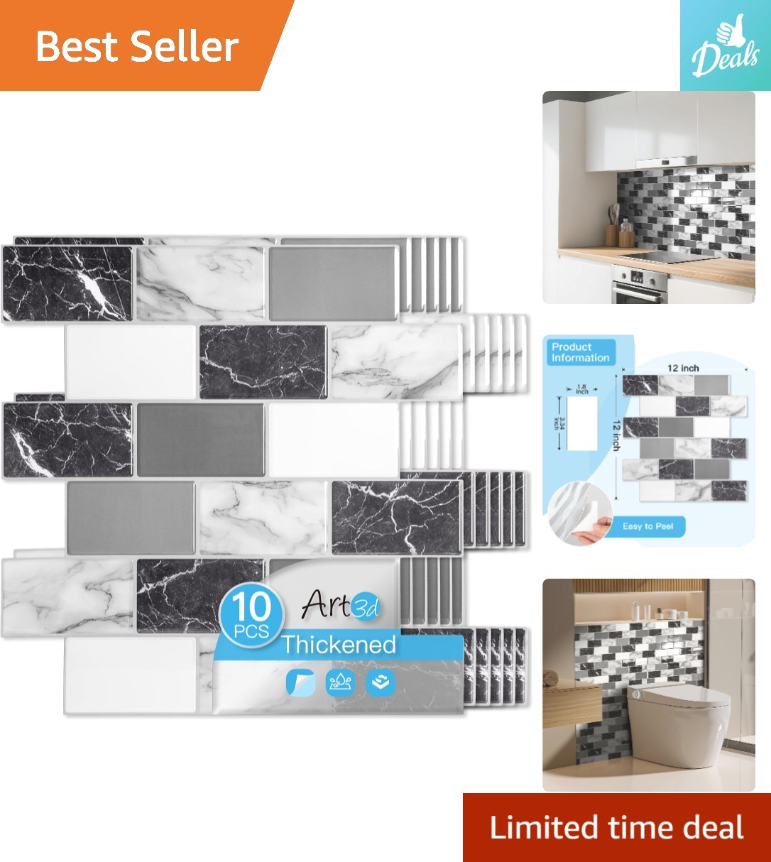 Elegant 12×12 Self-Adhesive Faux Marble Wall Tile Set – 10 Pieces