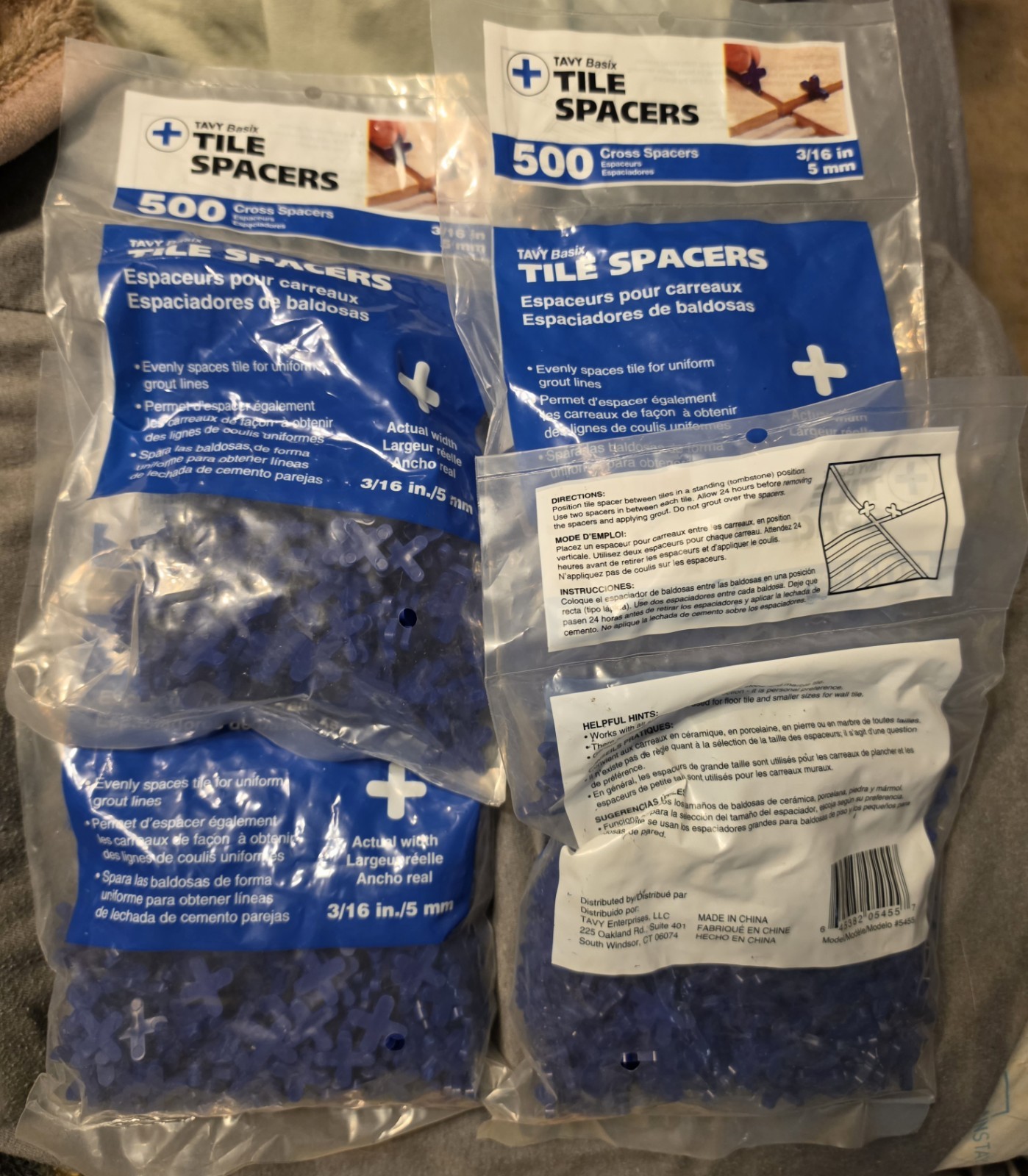 4x 500 Count TAVY Basix 3/16″/ 5mm Blue Cross + Plastic Tile Spacers
