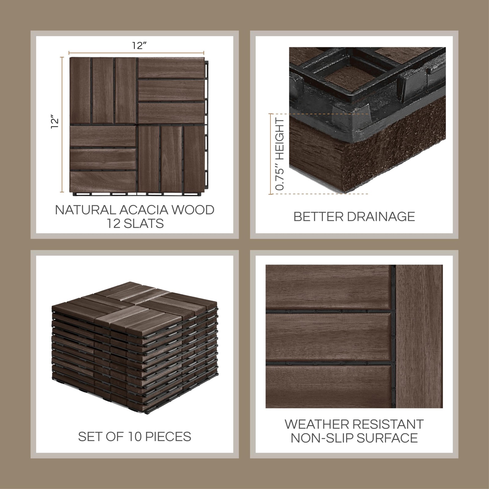 Premium Deck Tiles, Patio Flooring – Outdoor Waterproof Acacia Wood Tiles for…