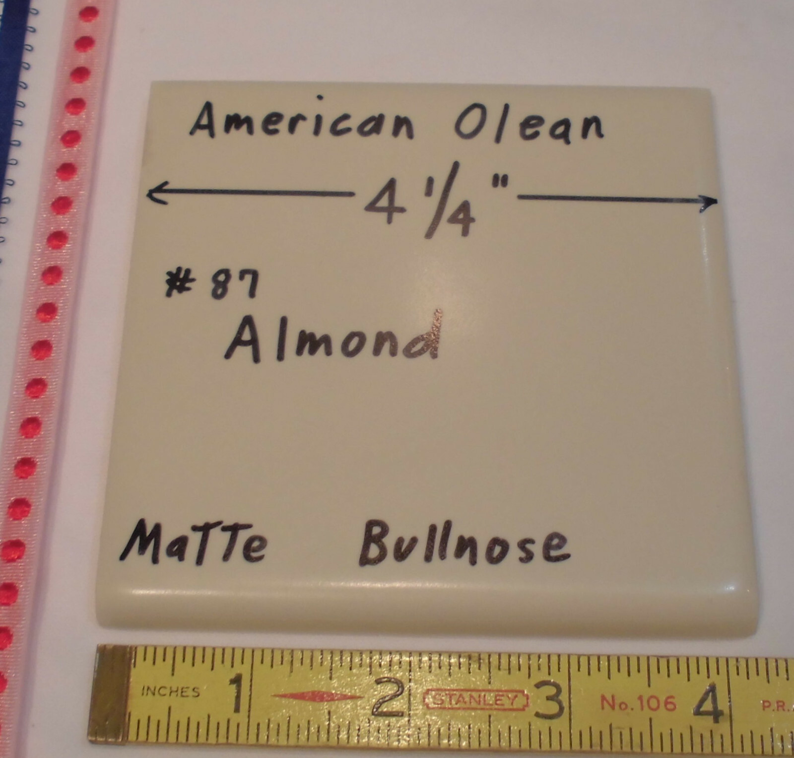 1 pc. *Matte Almond #87* Ceramic Tile Bullnose by American Olean 4-1/4″ New