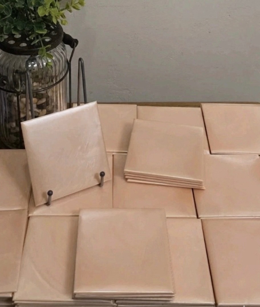 Vintage plastic tiles, 4-1/4×4-1/4”, pink pearl