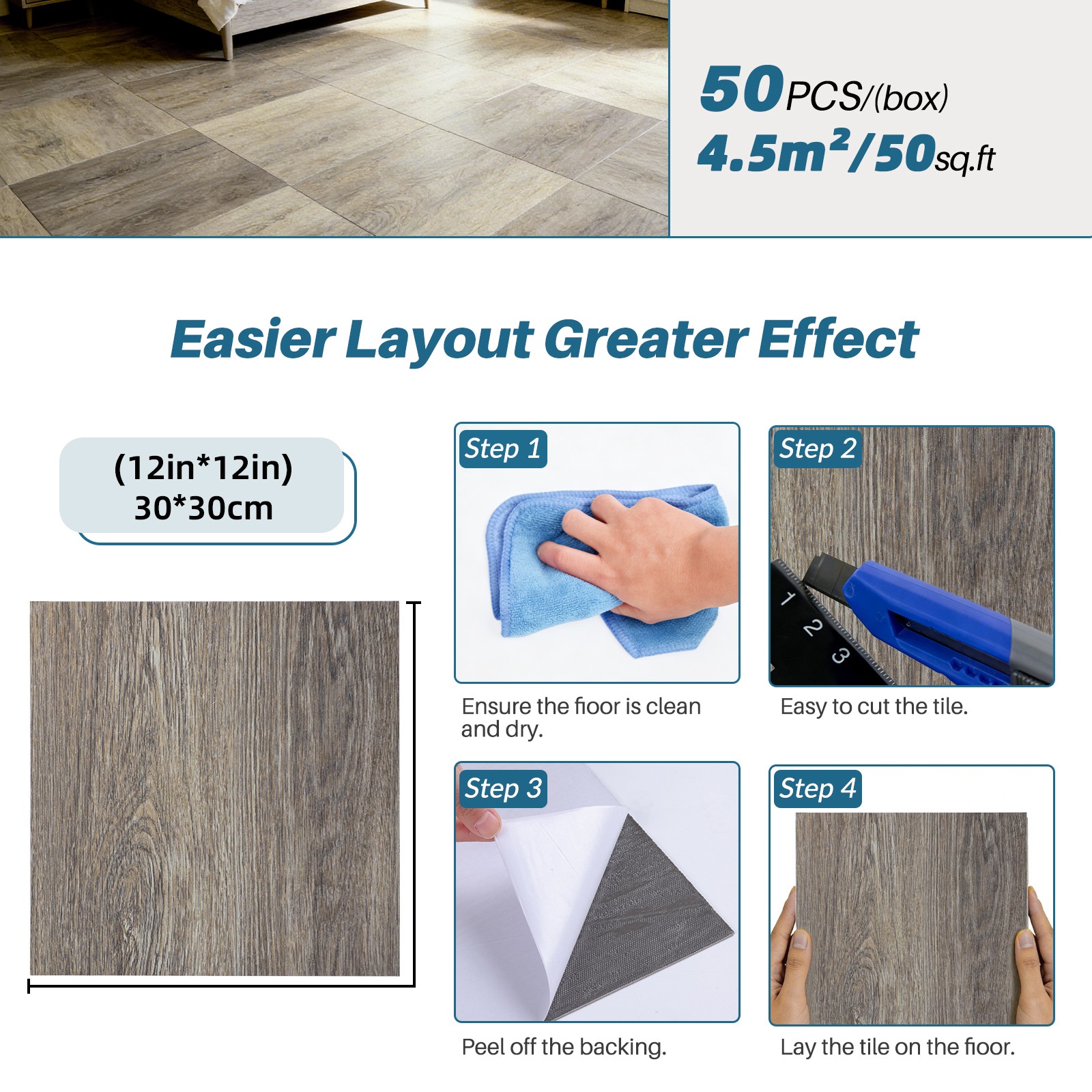 50-100pcs Self-Adhesive PVC Floor Tiles 3D Wood Grain Waterproof for Living Room