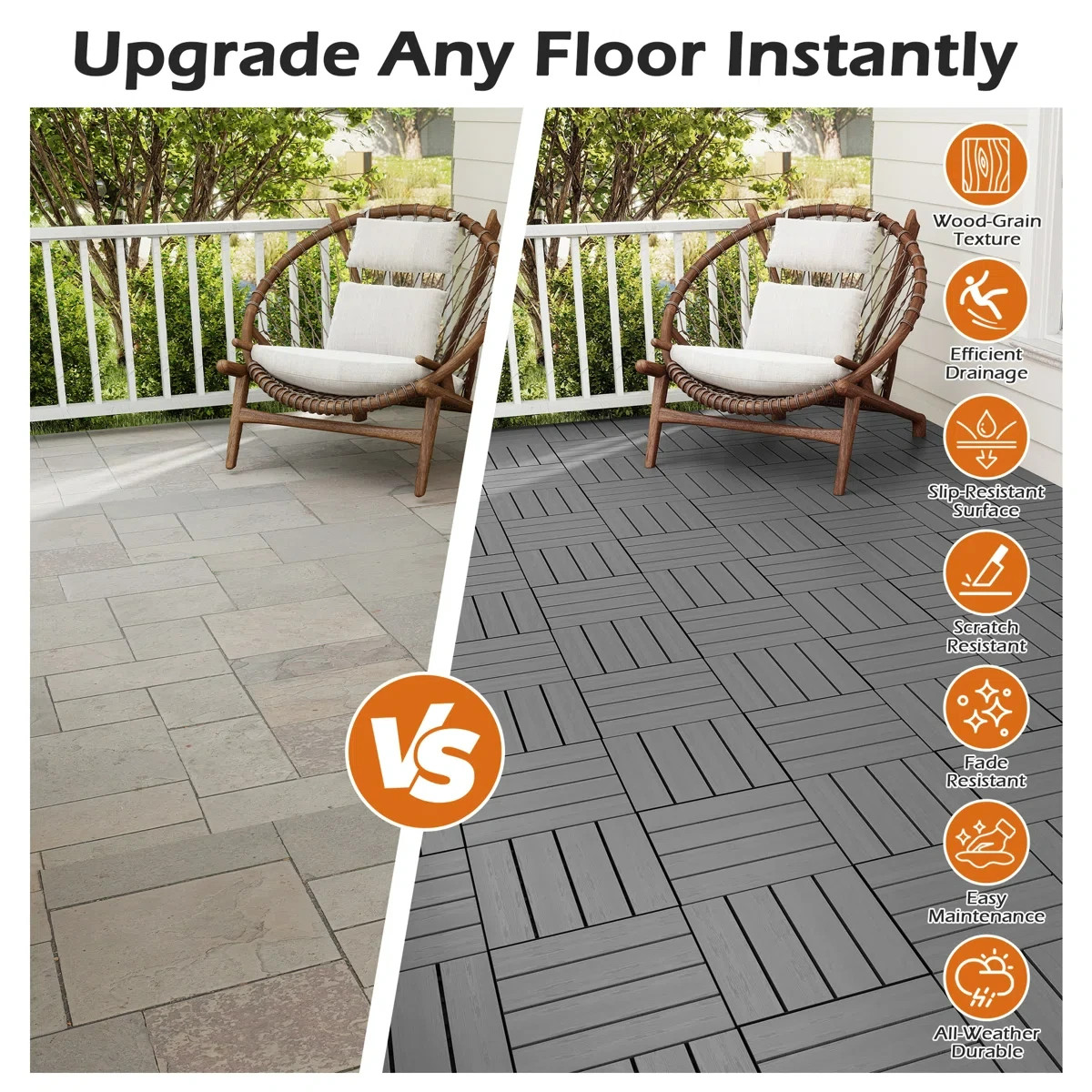 44Pcs HDPE Interlocking Deck,Waterproof Snap-Together w/Drainage Design,Grey